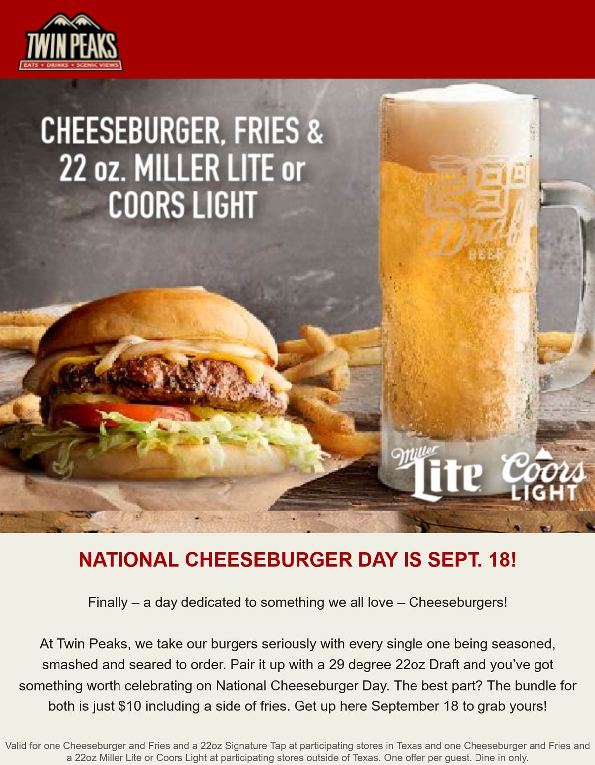Twin Peaks restaurants Coupon  Cheeseburger + fries + 22oz beer = $10 today at Twin Peaks #twinpeaks 