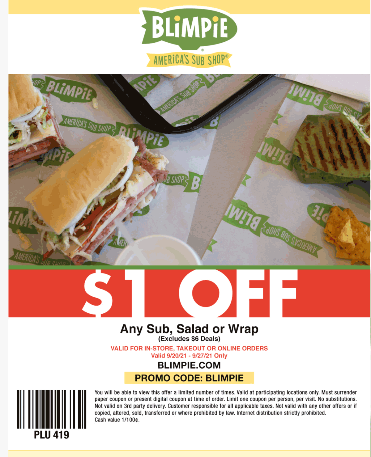 Blimpie restaurants Coupon  $1 off a sub sandwich salad or wrap at Blimpie via promo code BLIMPIE #blimpie 