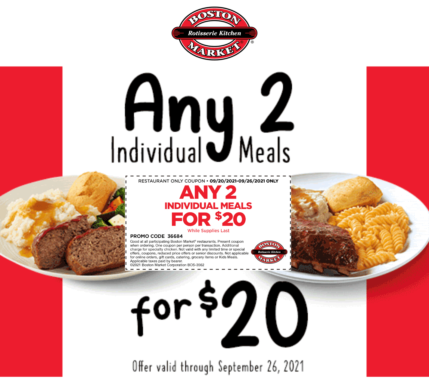 Boston Market restaurants Coupon  2 meals for $20 at Boston Market #bostonmarket 
