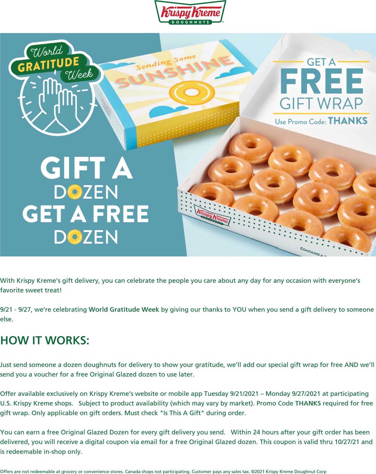 Krispy Kreme restaurants Coupon  Gift a dozen doughnuts get a free dozen at Krispy Kreme via promo code THANKS #krispykreme 