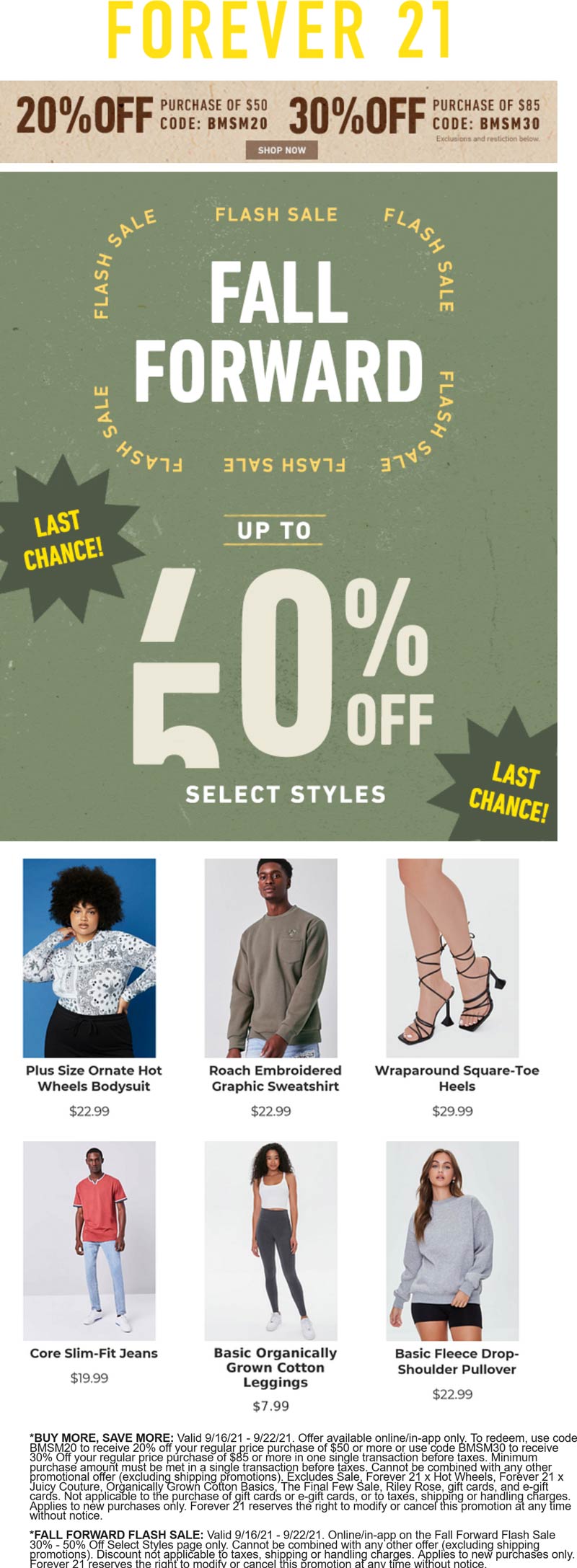 Forever 21 stores Coupon  20-30% off $50+ today online at Forever 21 via promo code BMSM20 #forever21 