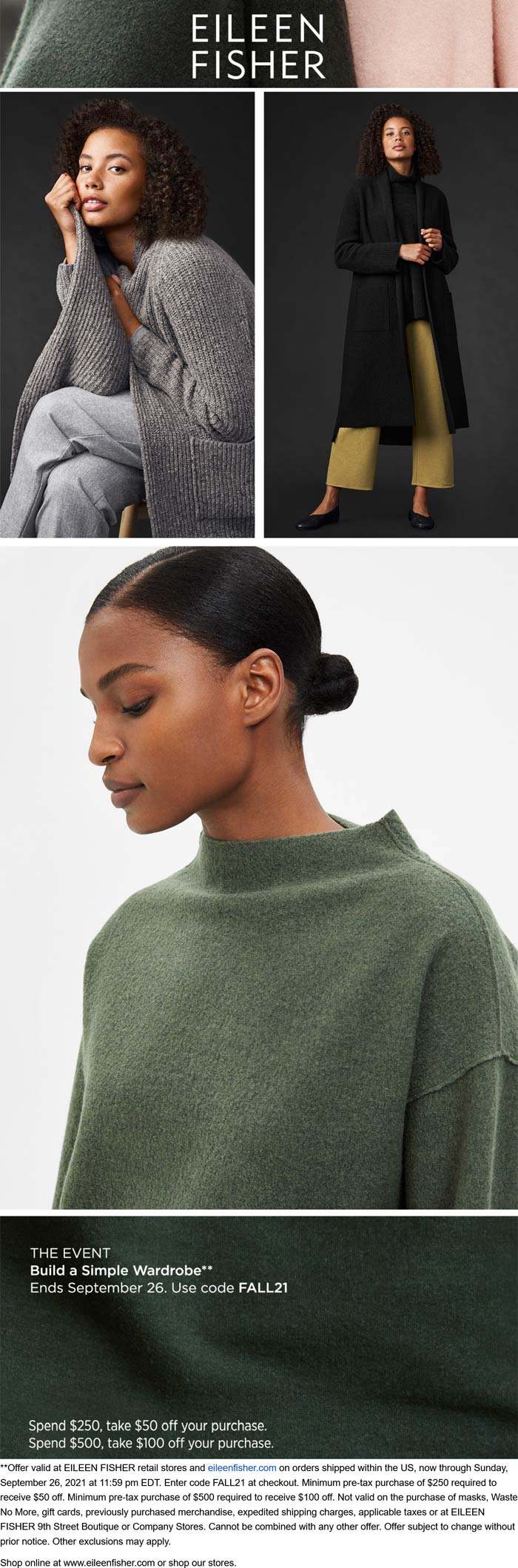 Eileen Fisher stores Coupon  $50-$100 off $250+ at Eileen Fisher via promo code FALL21 #eileenfisher 