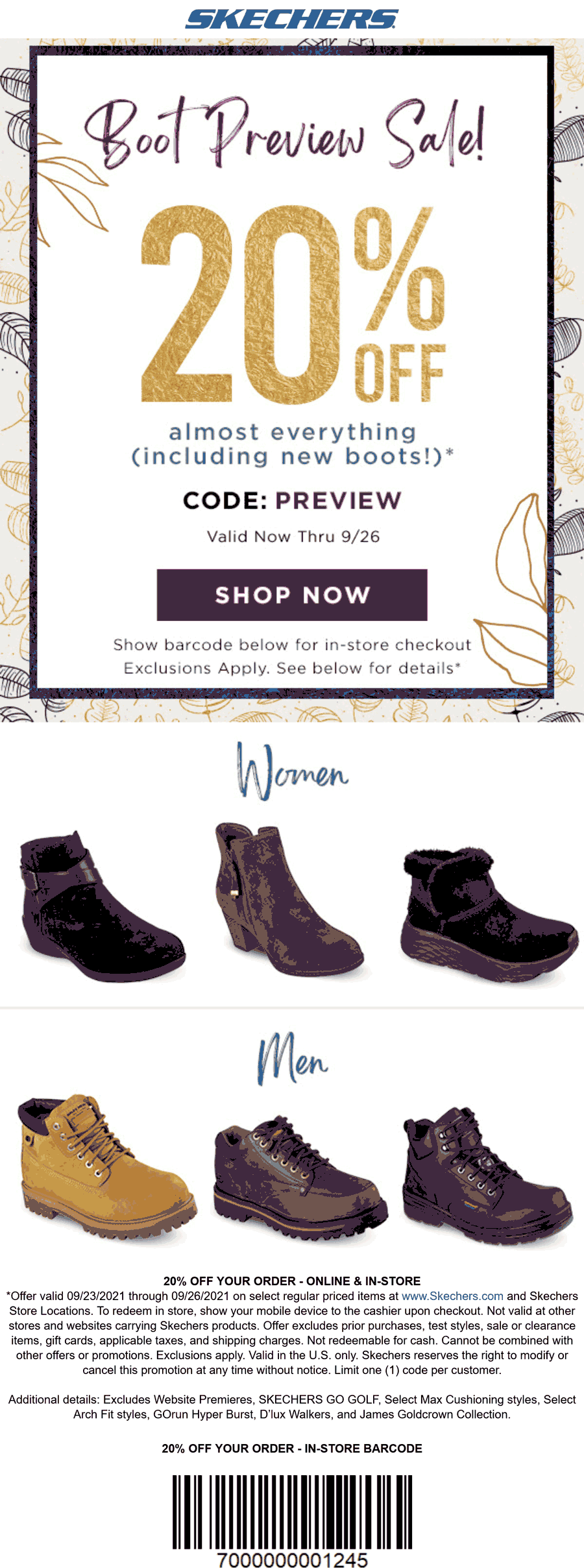 Skechers stores Coupon  20% off at Skechers, or online via promo code PREVIEW #skechers 