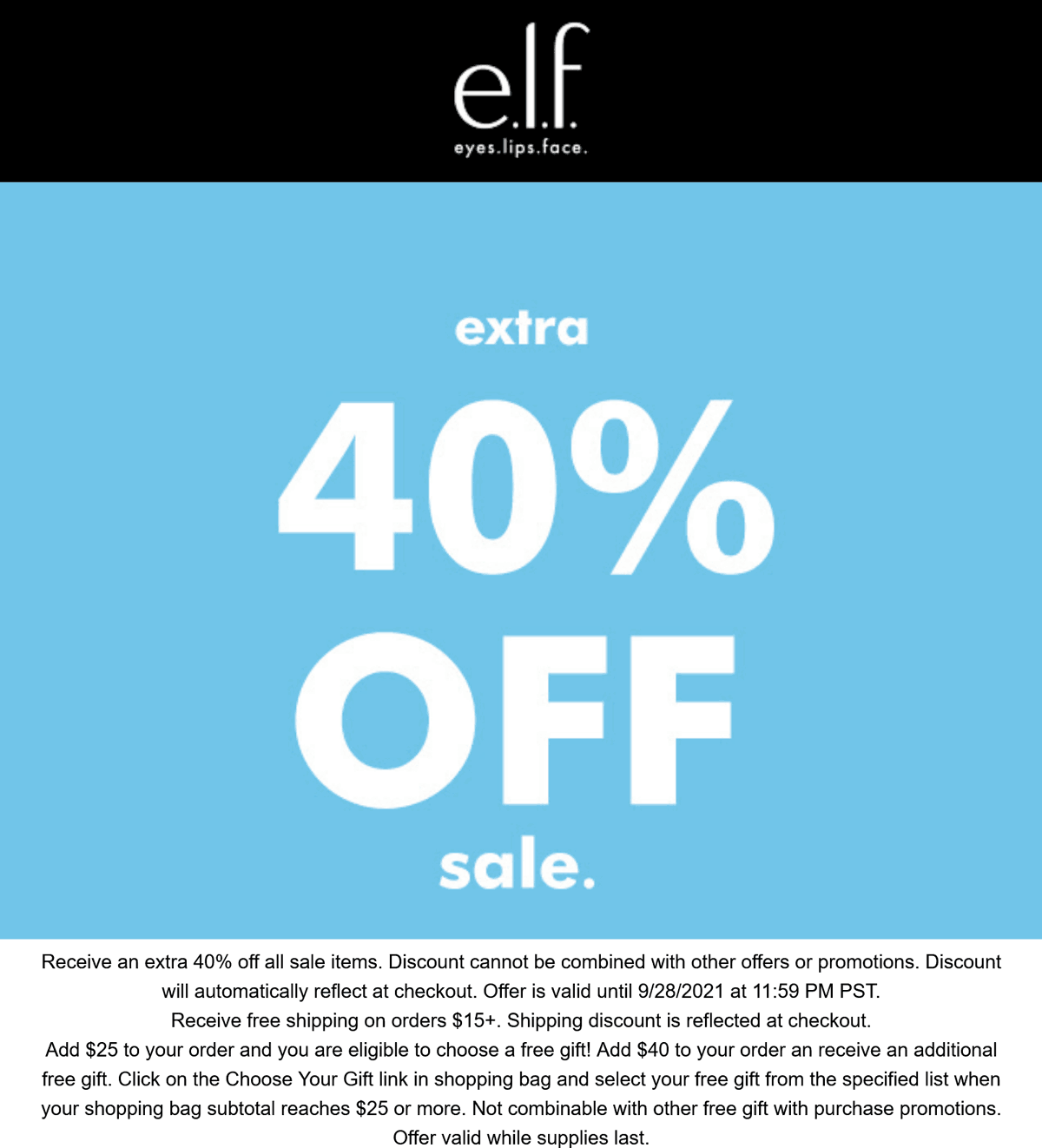 e.l.f. Cosmetics stores Coupon  Extra 40% off sale items at e.l.f. Cosmetics #elfcosmetics 