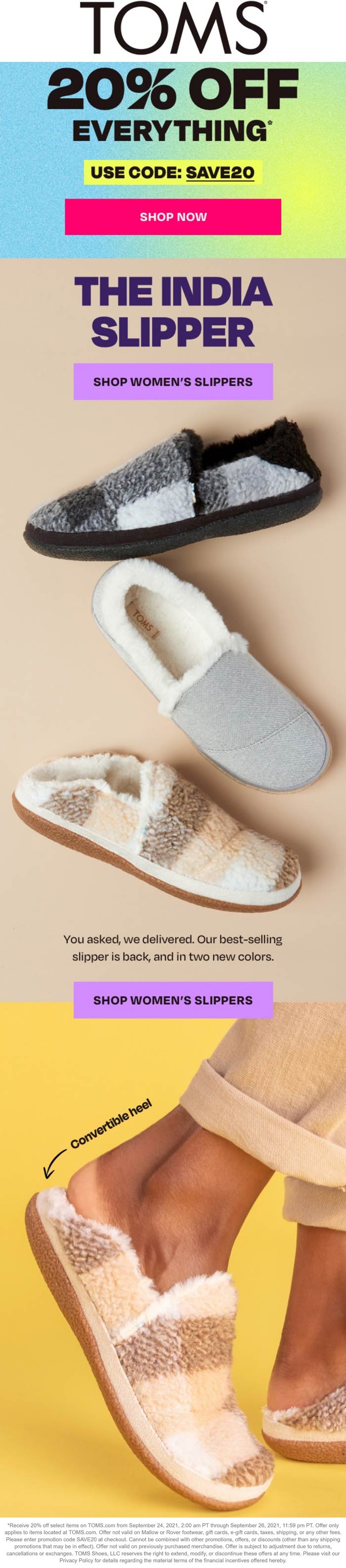 TOMS stores Coupon  20% off everything at TOMS shoes via promo code SAVE20 #toms 