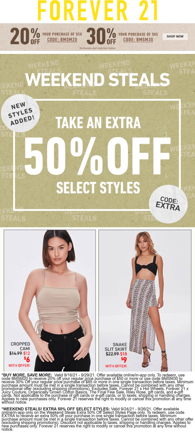 Forever 21 stores Coupon  20-30% off $50+ & more at Forever 21 via promo code BMSM20 #forever21 