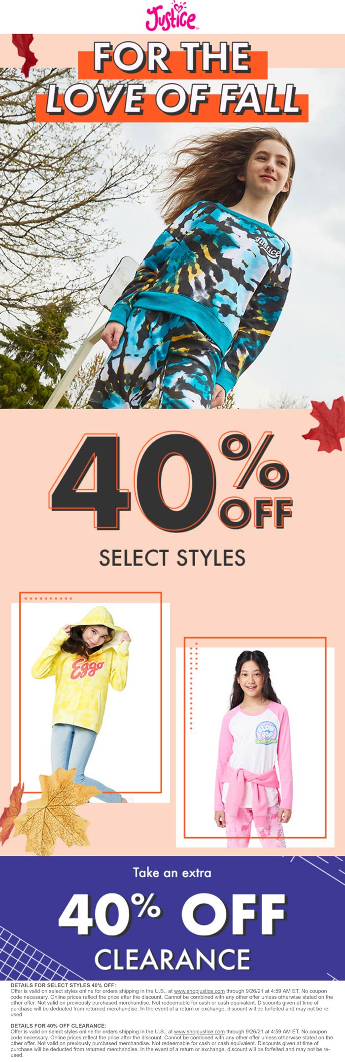 Justice stores Coupon  Extra 40% off clearance & more today at Justice #justice 