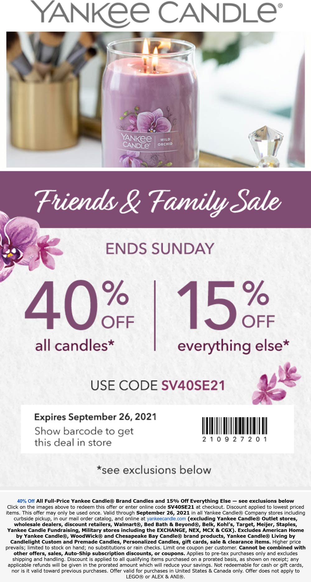 Yankee Candle stores Coupon  40% off at Yankee Candle, or online via promo code SV40SE21 #yankeecandle 