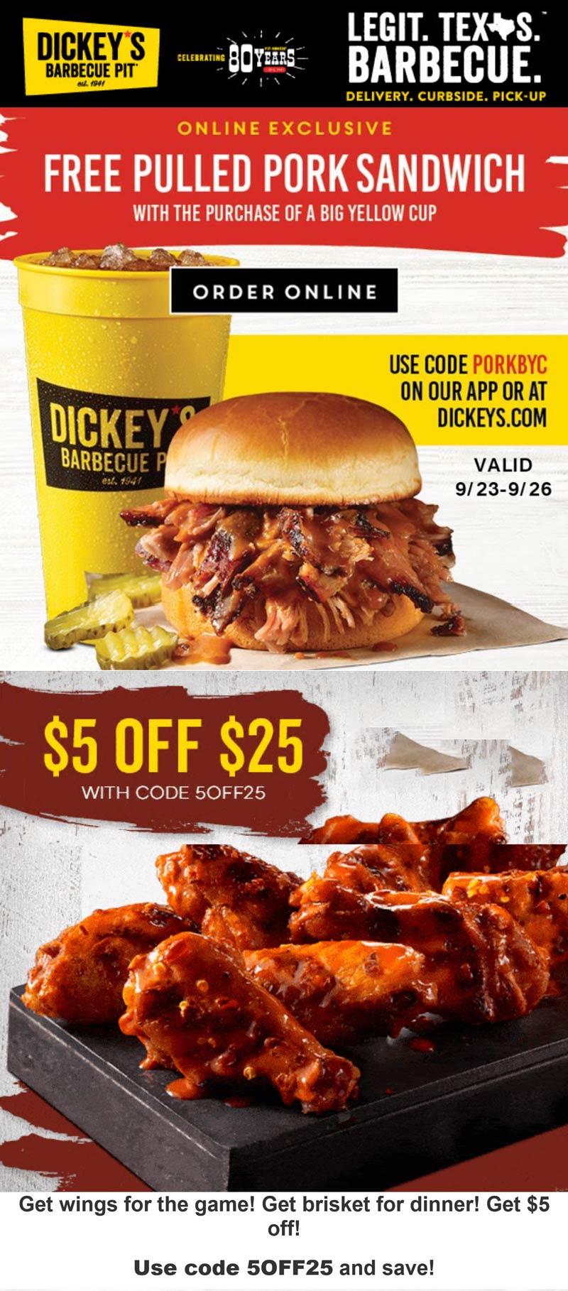 Dickeys Barbecue Pit restaurants Coupon  Free pulled pork sandwich with your yellow cup today at Dickeys Barbecue Pit via promo code PORKBYC #dickeysbarbecuepit 