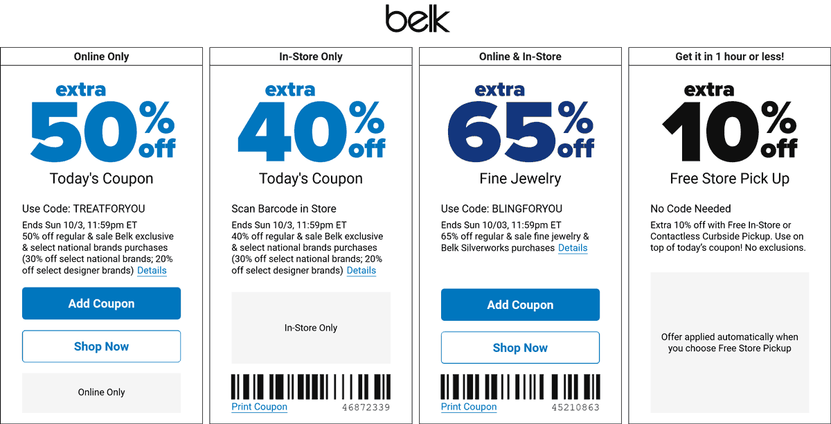 Belk stores Coupon  Extra 40% off & more at Belk, or 50% online via promo code TREATFORYOU #belk 