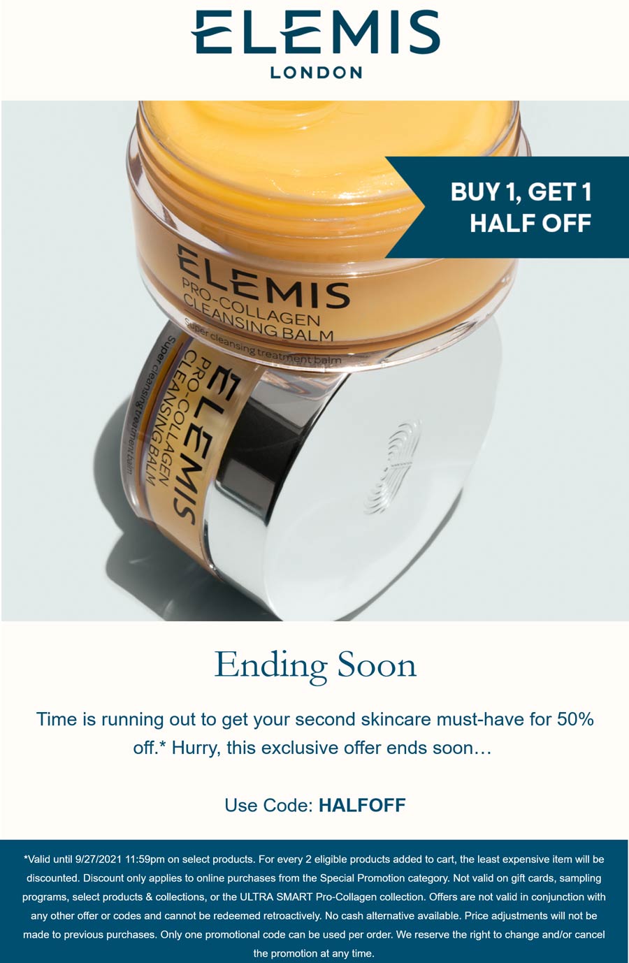 Elemis stores Coupon  Second skincare 50% off today at Elemis via promo code HALFOFF #elemis 