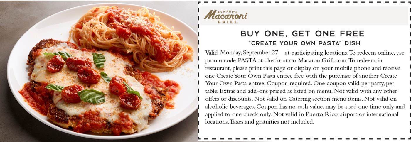 Macaroni Grill restaurants Coupon  Second pasta dish free today at Macaroni Grill restaurants #macaronigrill 