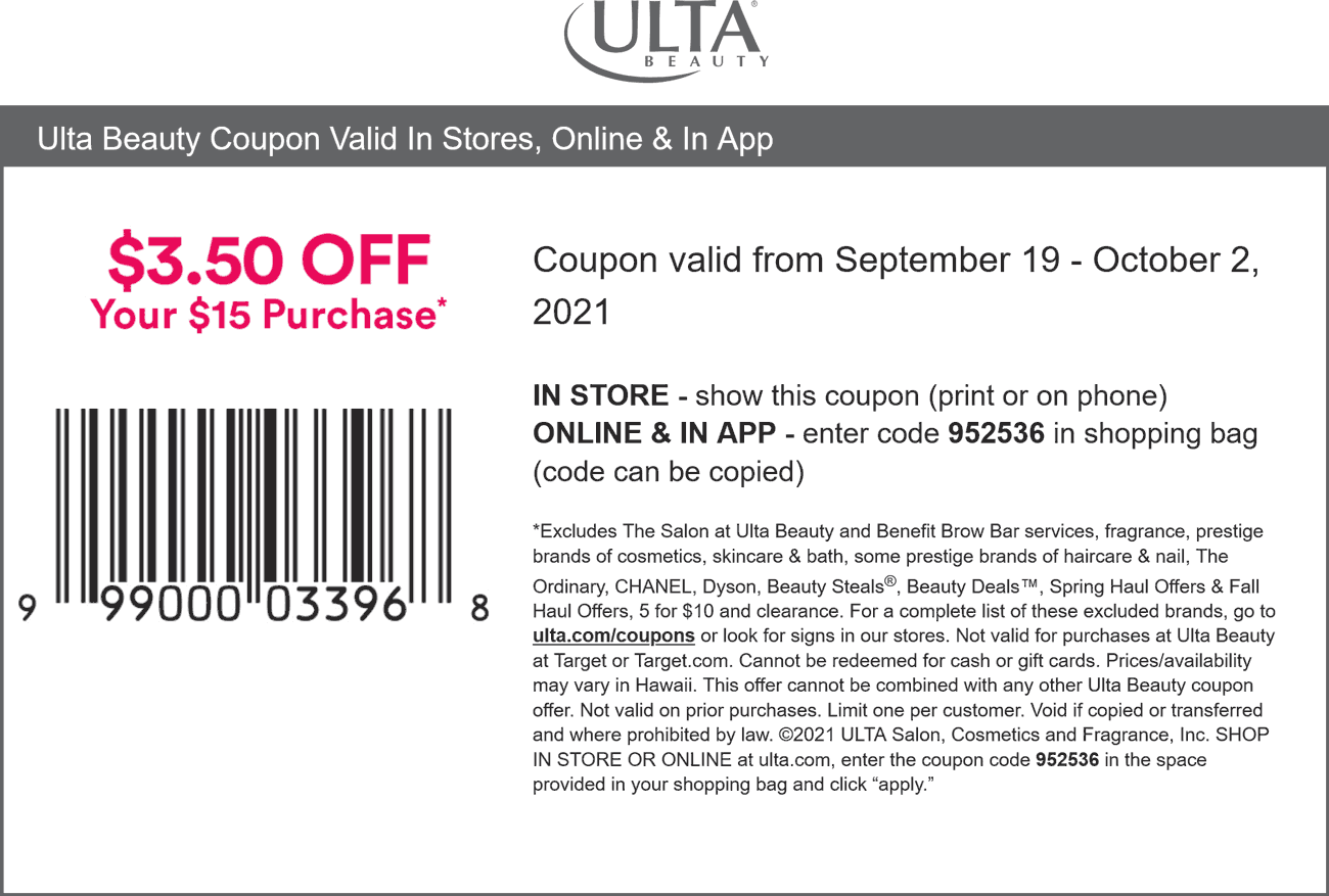 Ulta stores Coupon  $3.50 off $15 at Ulta Beauty, or online via promo code 952536 #ulta 