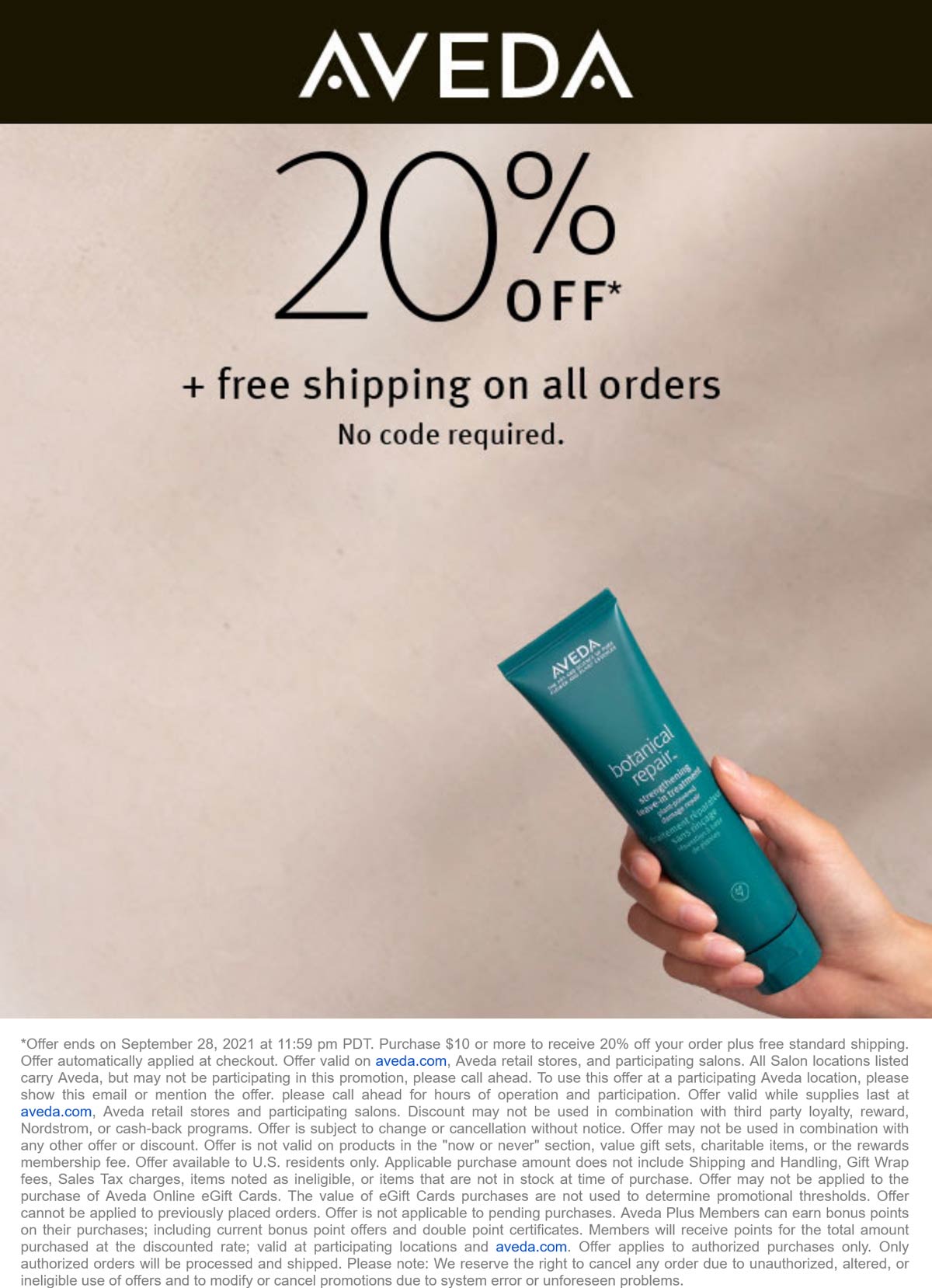 AVEDA stores Coupon  20% off today at AVEDA, ditto online #aveda 