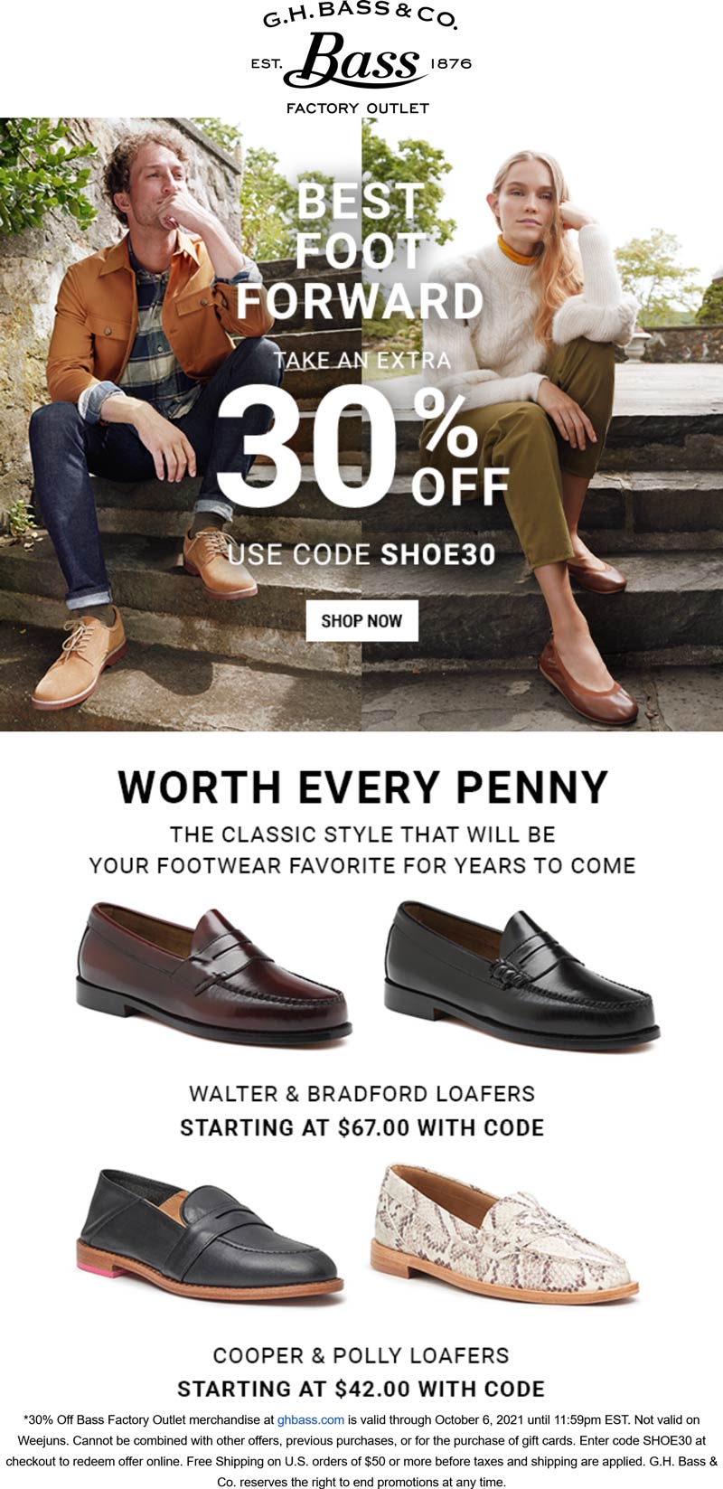 Bass Factory Outlet stores Coupon  30% off penny loafers at Bass Factory Outlet via promo code SHOE30 #bassfactoryoutlet 