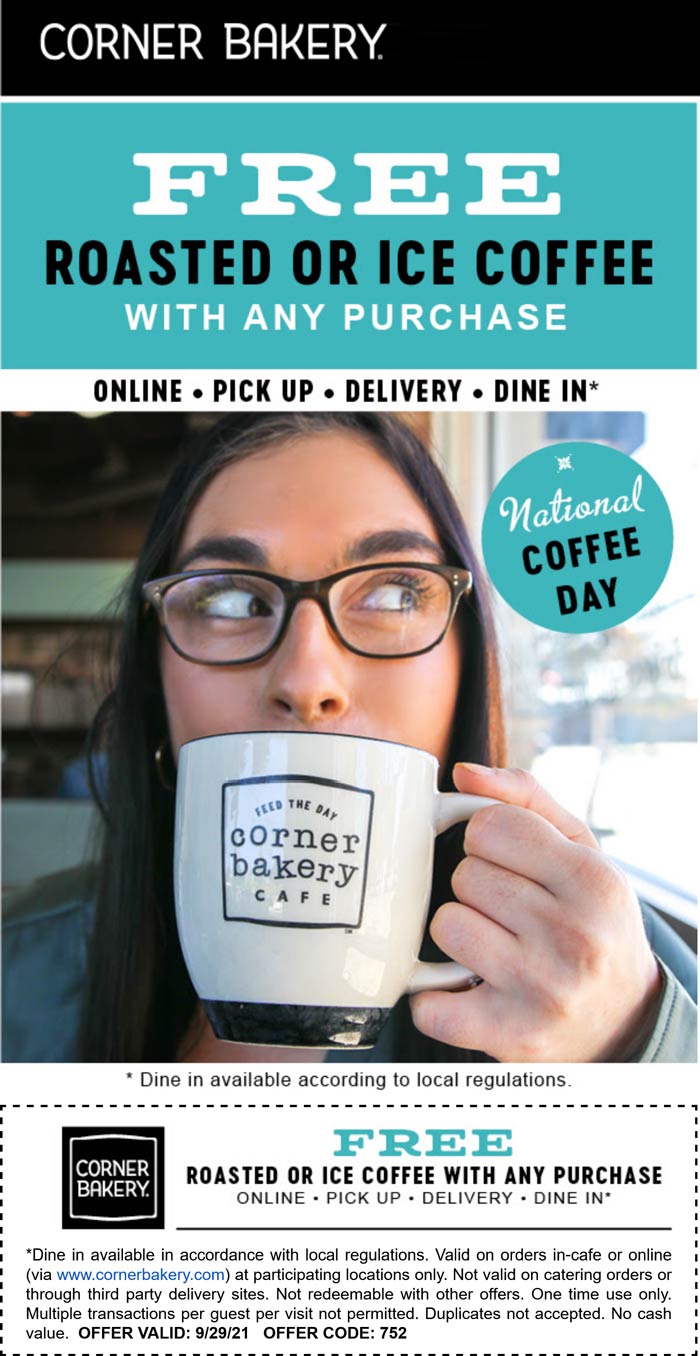 Corner Bakery restaurants Coupon  Free coffee with any order today at Corner Bakery Cafe #cornerbakery 