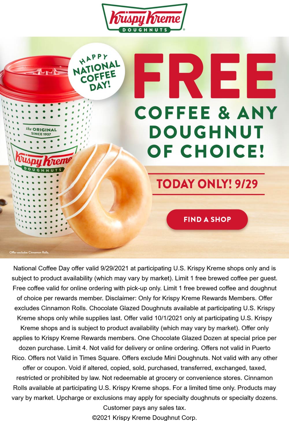 Krispy Kreme restaurants Coupon  Free doughnut + coffee today at Krispy Kreme donuts #krispykreme 