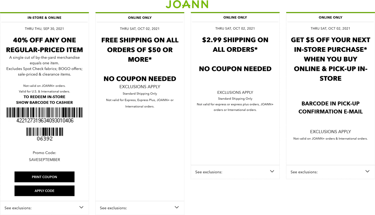 Joann stores Coupon  40% off a single item & more today at Joann, or online via promo code SAVESEPTEMBER #joann 