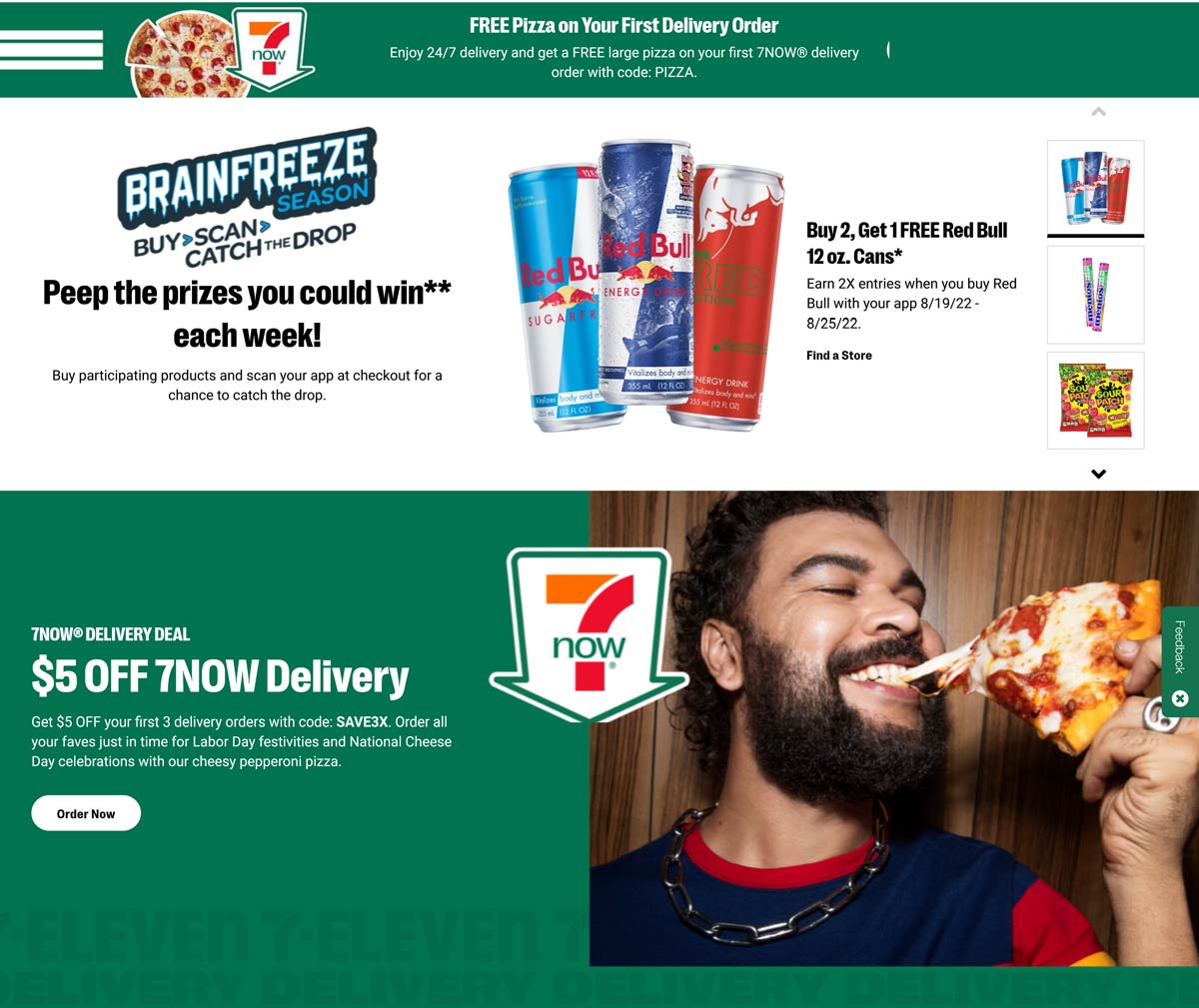 7-Eleven restaurants Coupon  Free large pizza with first 7-Eleven delivery order via promo code PIZZA, or $5 off first 3 via promo SAVE3X #7eleven 