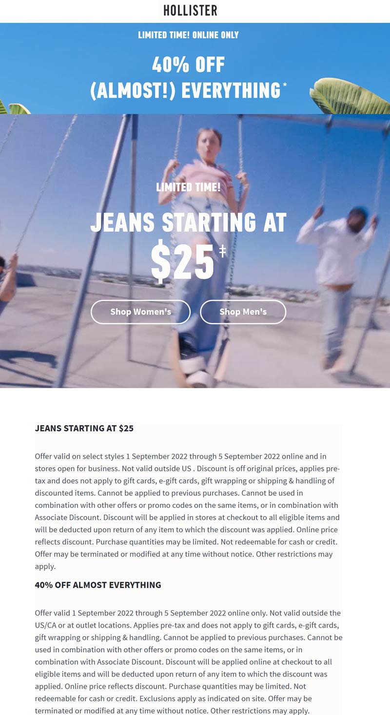 Hollister stores Coupon  40% off online at Hollister #hollister 