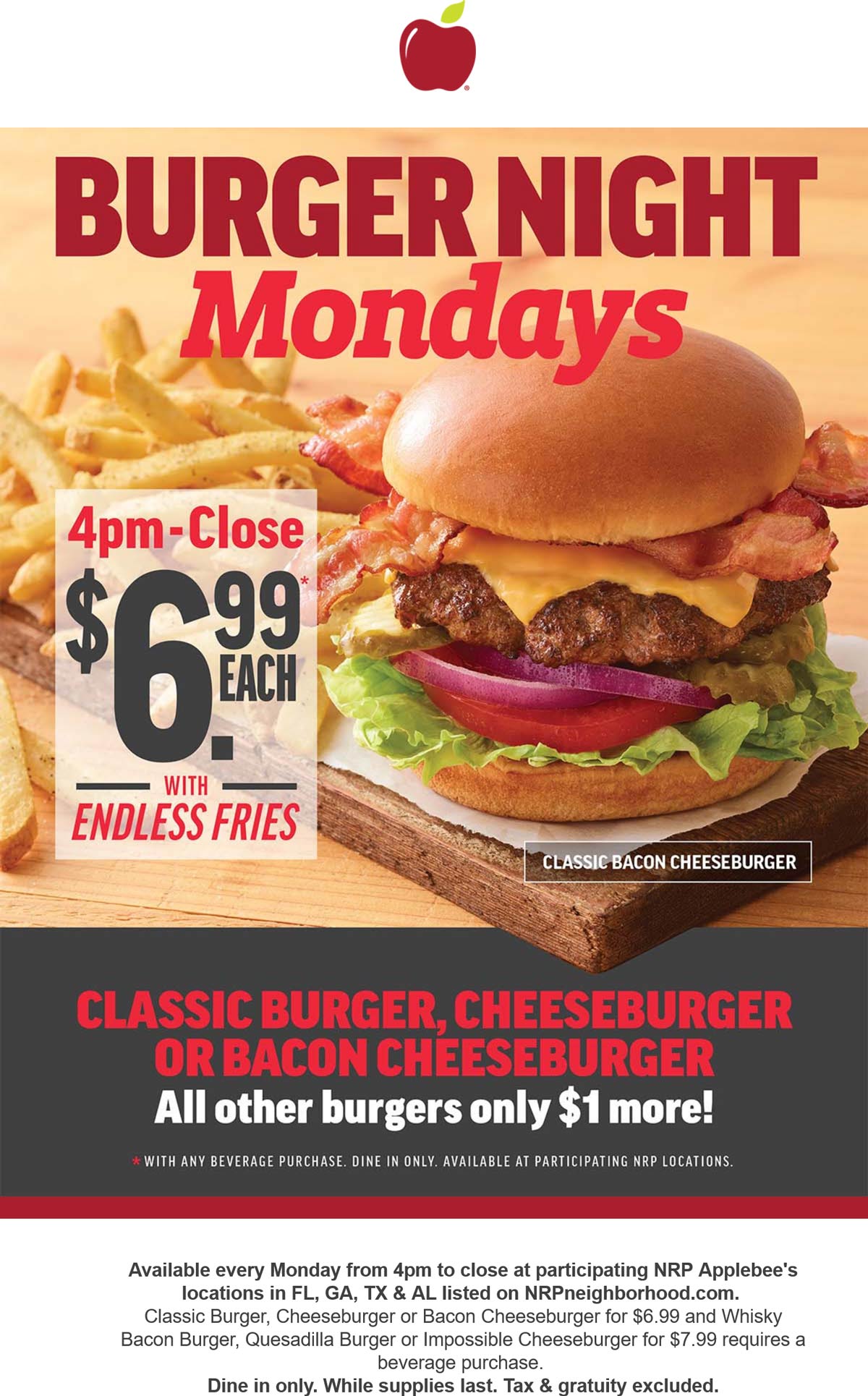 Applebees restaurants Coupon  Cheeseburger + bottomless fries = $7 Mondays after 4p at various Applebees #applebees 