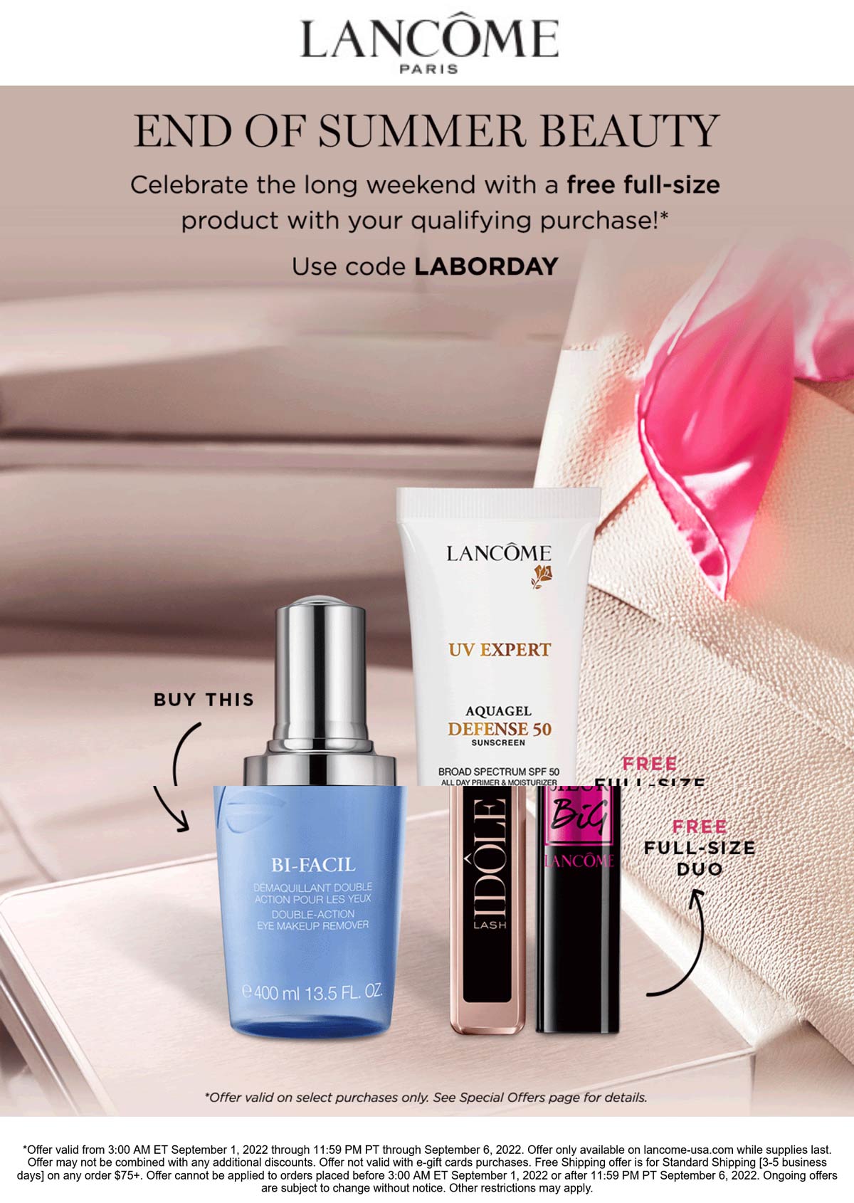 Lancome stores Coupon  Various free full-size items with purchase at Lancome cosmetics via promo code LABORDAY #lancome 