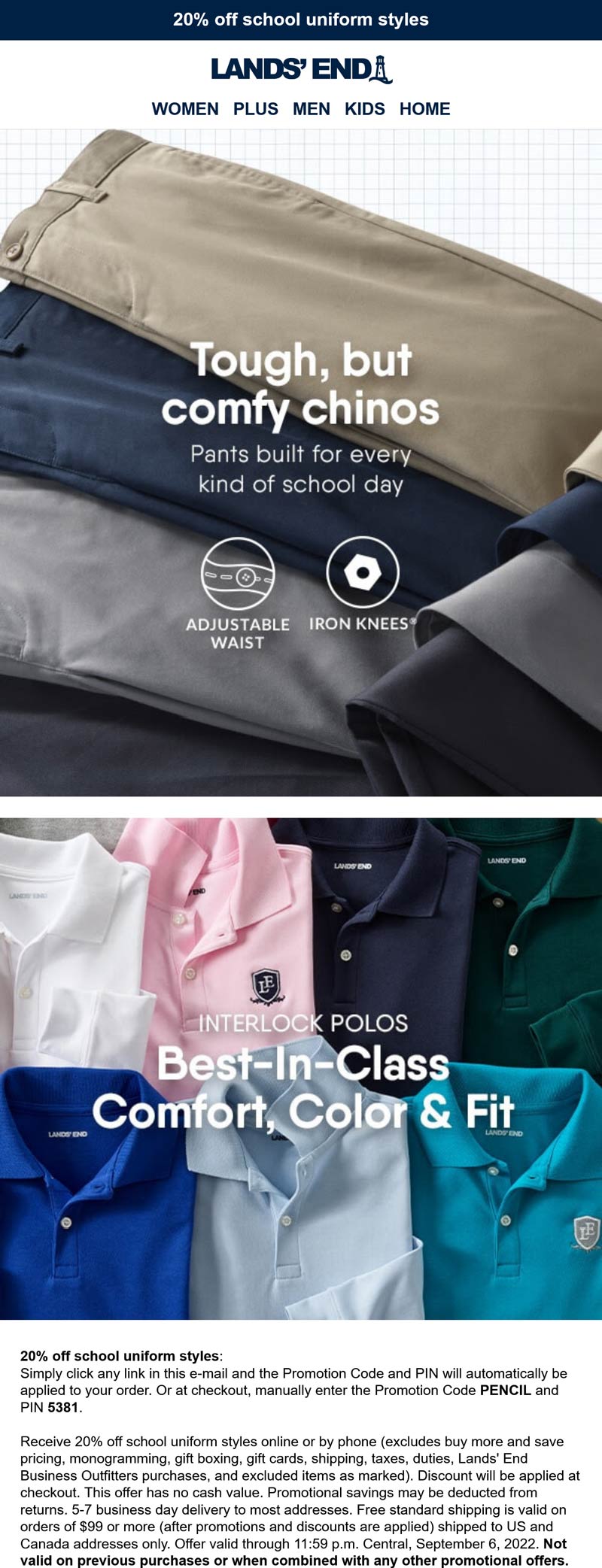 Lands End stores Coupon  20% off school uniform styles at Lands End via promo code PENCIL and pin 5381 #landsend 