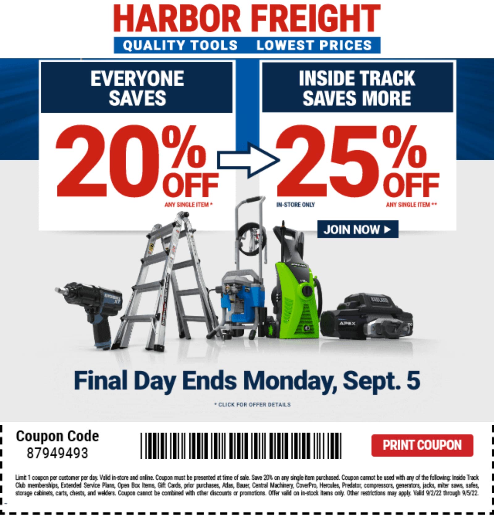 Harbor Freight stores Coupon  20% off a single item & more today at Harbor Freight Tools, or online via promo code 87949493 #harborfreight 