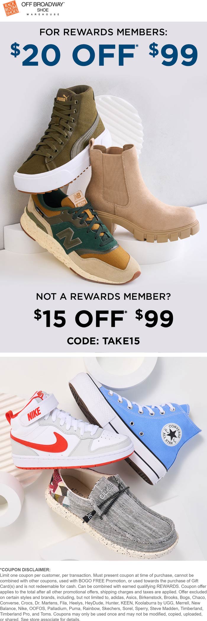 Rack Room Shoes stores Coupon  $15 off $99 & more at Rack Room Shoes via promo code TAKE15 #rackroomshoes 