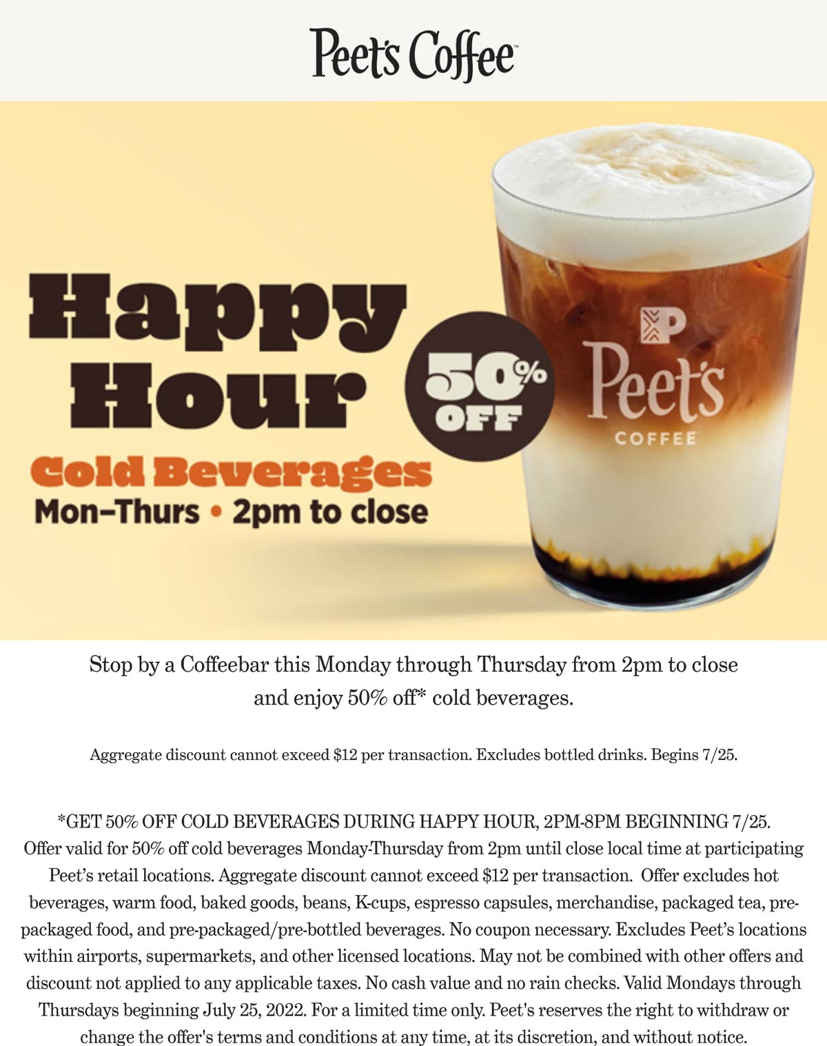 Peets Coffee restaurants Coupon  50% off cold drinks Mon-Thur after 2p at Peets Coffee #peetscoffee 