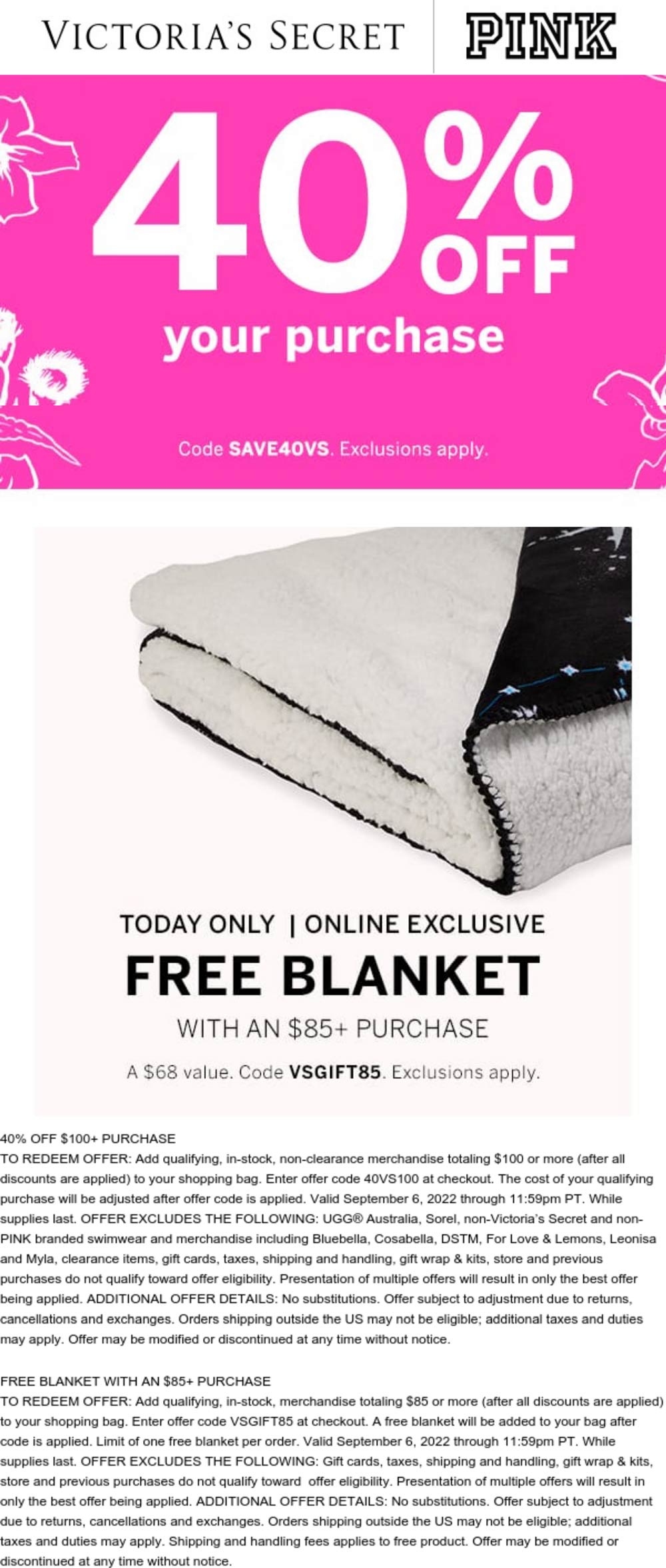 Victorias Secret 40% off + free blanket on $85+ today at Victorias Secret & PINK via promo code SAVE40VS or VSGIFT85 #victoriassecret Victorias Secret stores Coupon 40% off + free blanket on $85+ today at Victorias Secret & PINK via promo code SAVE40VS or VSGIFT85 #victoriassecret