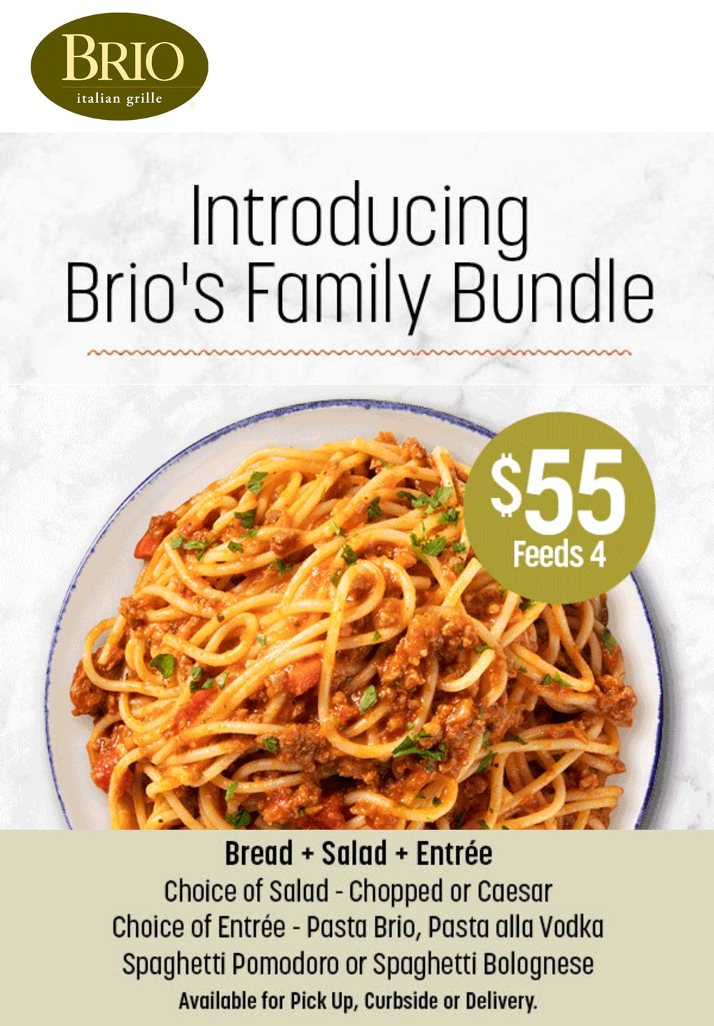 Brio restaurants Coupon  Entree for 4 + salad + bread = $55 at Brio Italian Grille #brio 