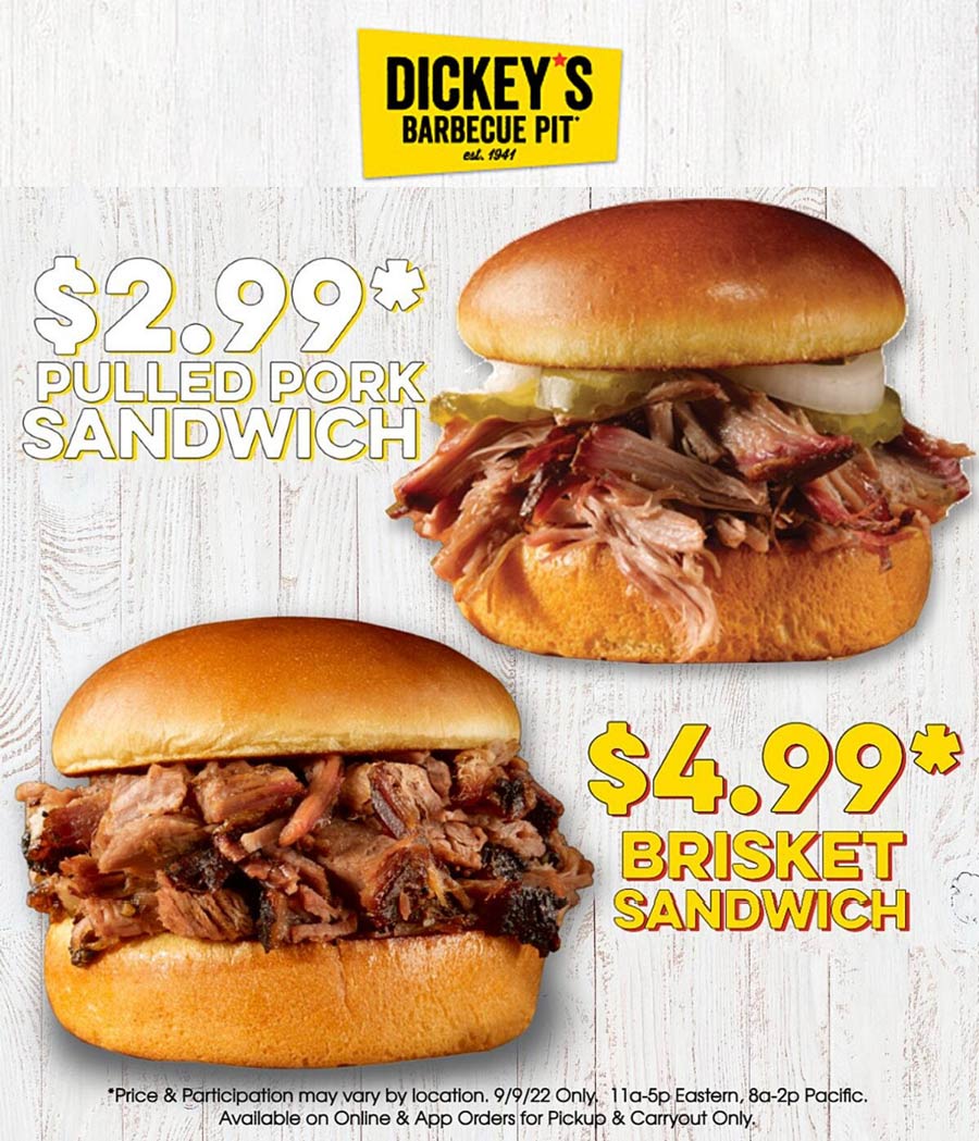 Dickeys Barbecue Pit restaurants Coupon  $3 pulled pork sandwich & $5 brisket today at Dickeys Barbecue Pit #dickeysbarbecuepit 