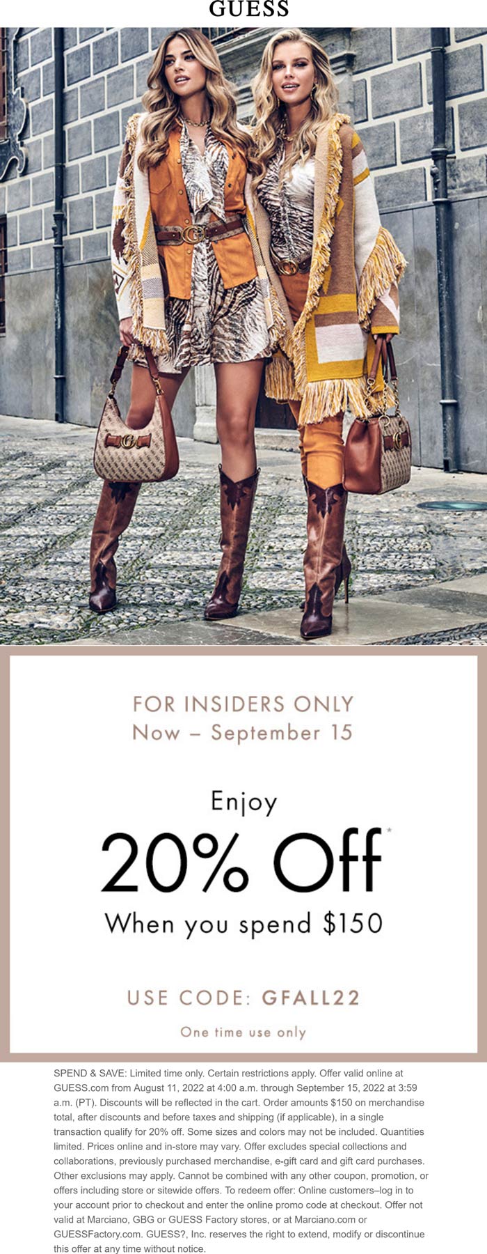 GUESS stores Coupon  20% off $150 online at GUESS via promo code GFALL22 #guess 