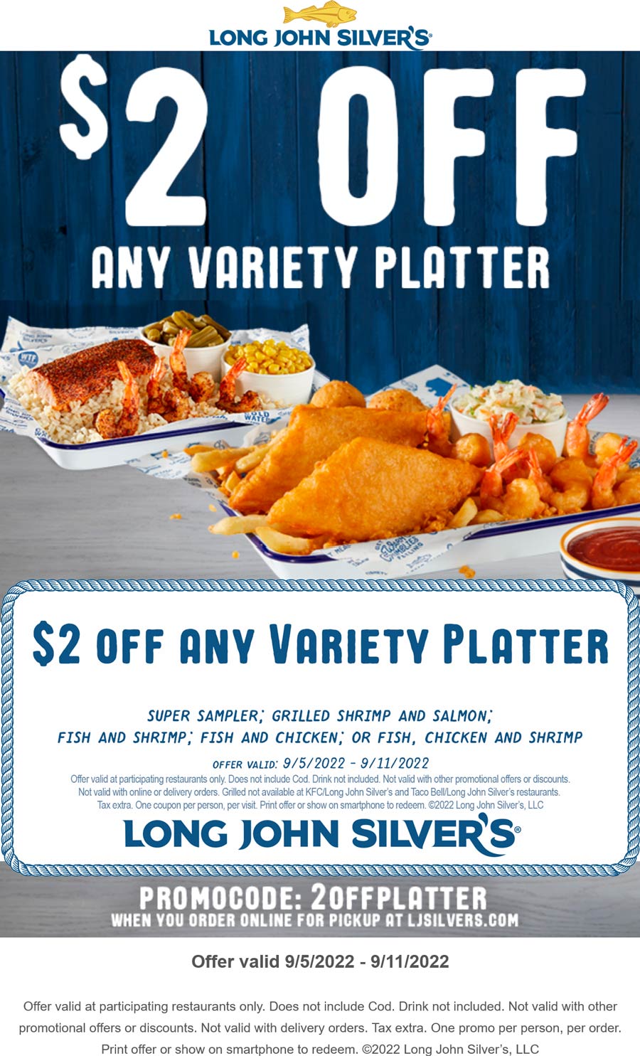 Long John Silvers restaurants Coupon  $2 off any variety platter at Long John Silvers restaurants, or online via promo code 2OFFPLATTER #longjohnsilvers 
