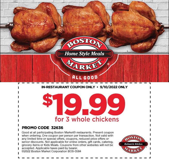 Boston Market stores Coupon  3 whole chickens for $20 today at Boston Market #bostonmarket 