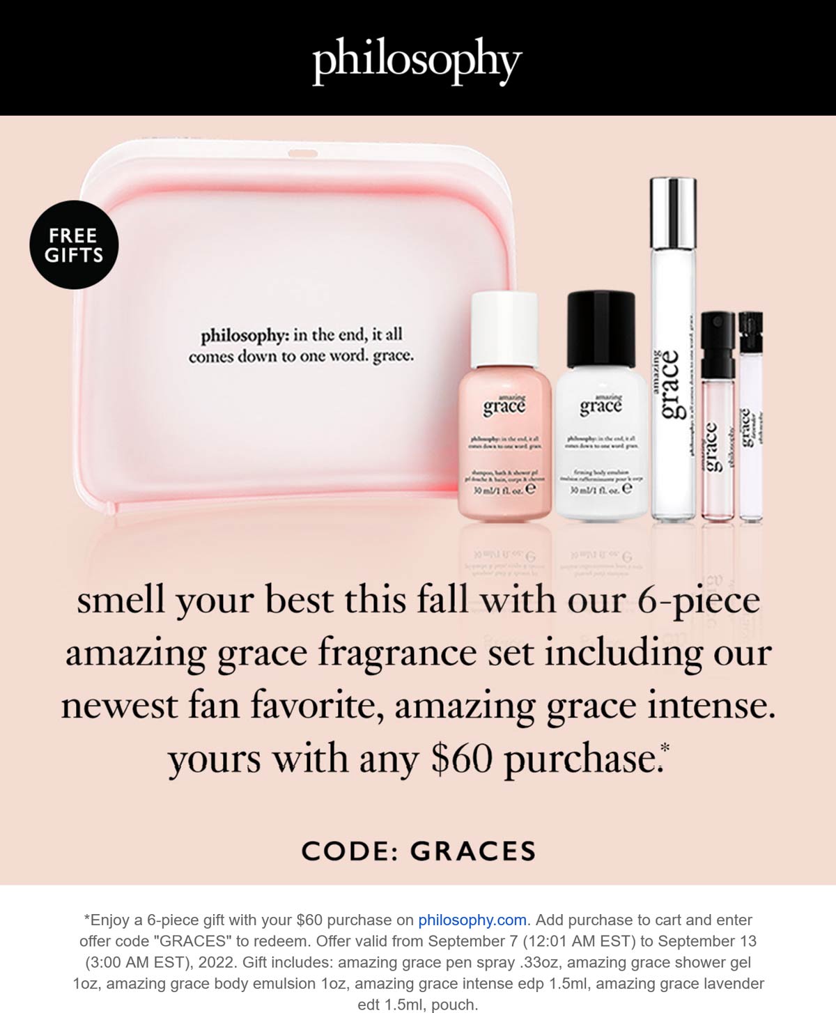 Philosophy stores Coupon  Free 6pc set on $60 at Philosophy via promo code GRACES #philosophy 