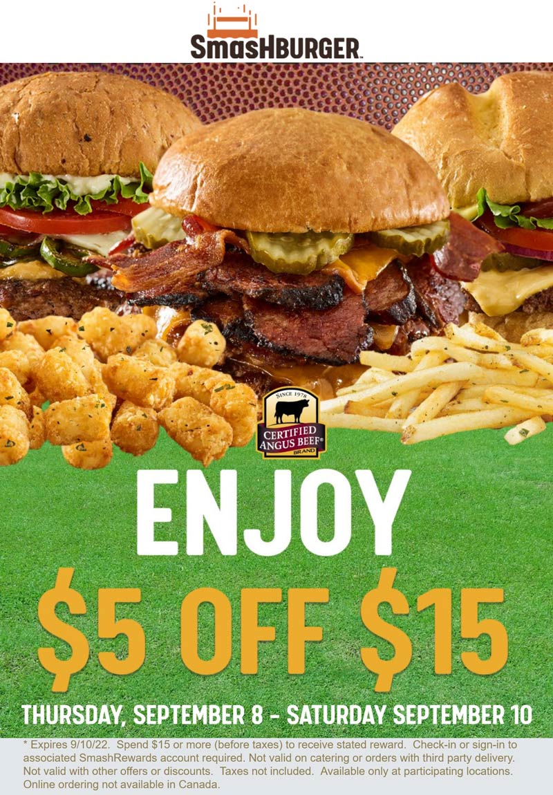 Smashburger restaurants Coupon  $5 off $15 today at Smashburger restaurants #smashburger 
