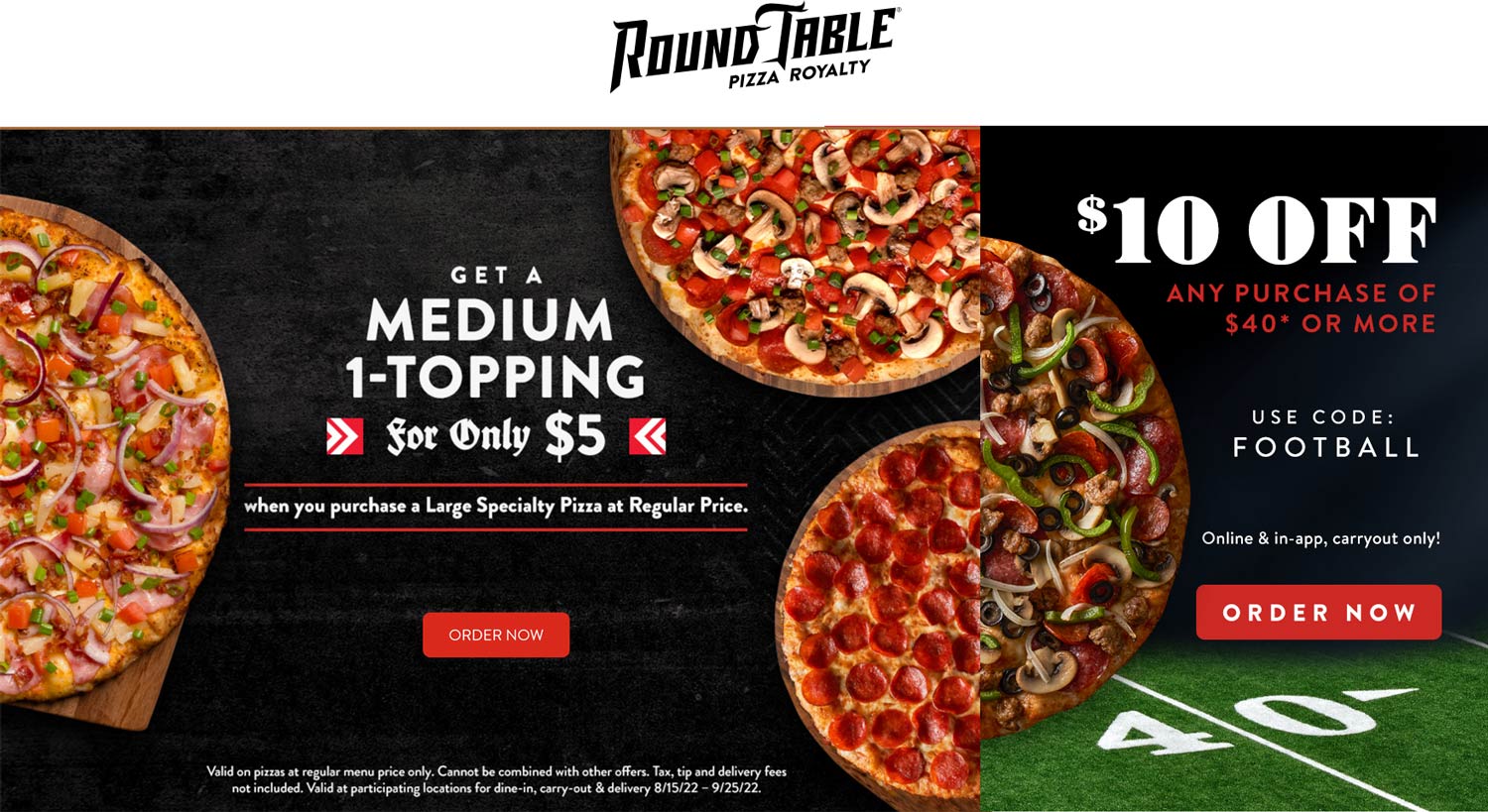 Round Table restaurants Coupon  $10 off $40 today at Round Table pizza via promo code FOOTBALL #roundtable 