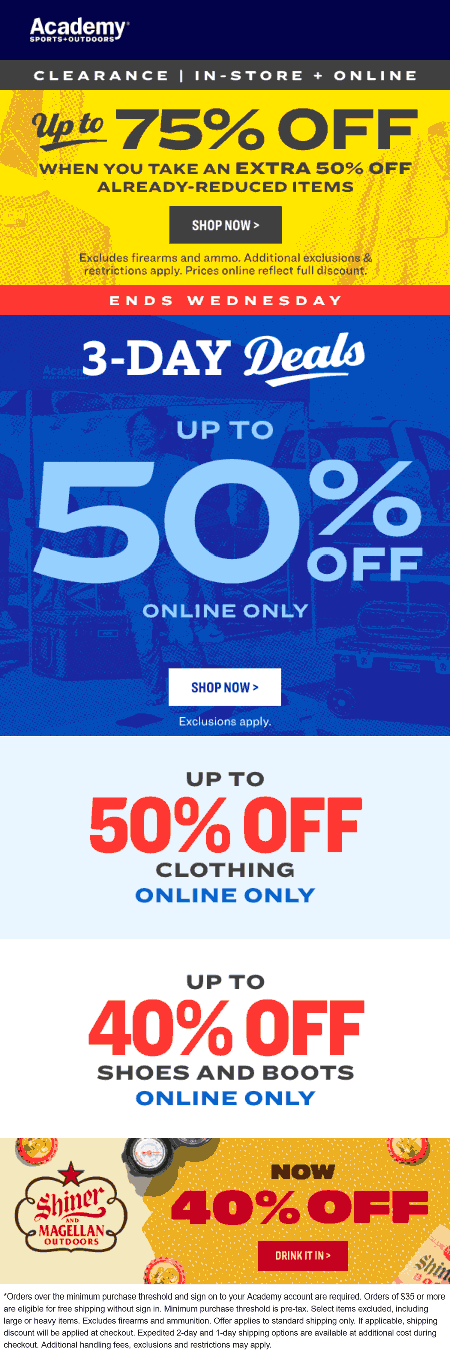 Academy stores Coupon  Extra 50% off clearance items at Academy Sports + Outdoors, ditto online #academy 