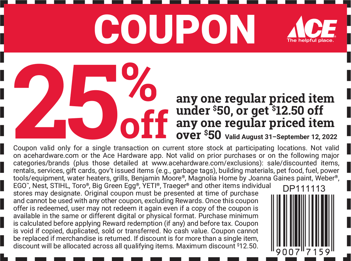 Ace Hardware stores Coupon  25% off a single item under $50 today at Ace Hardware #acehardware 