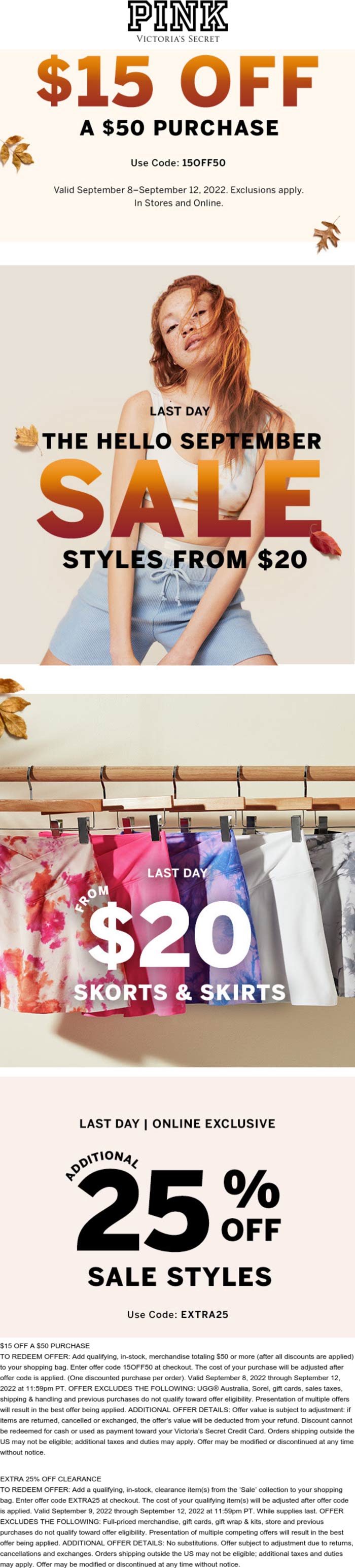PINK stores Coupon  $15 off $50 today at PINK, or online via promo code 15OFF50 #pink 