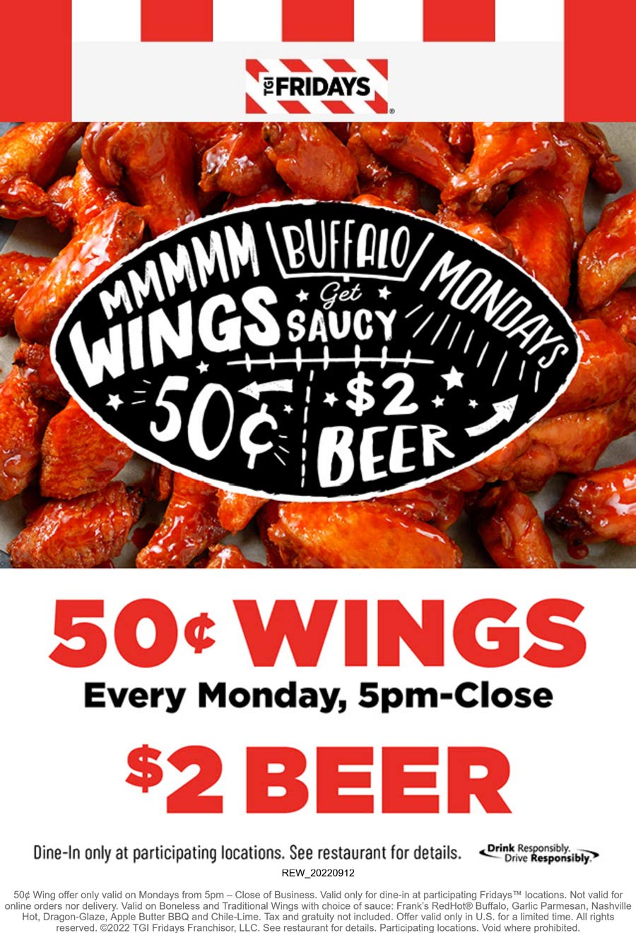 TGI Fridays restaurants Coupon  .50 cent chicken wings & $2 beer after 5p Mondays at TGI Fridays #tgifridays 