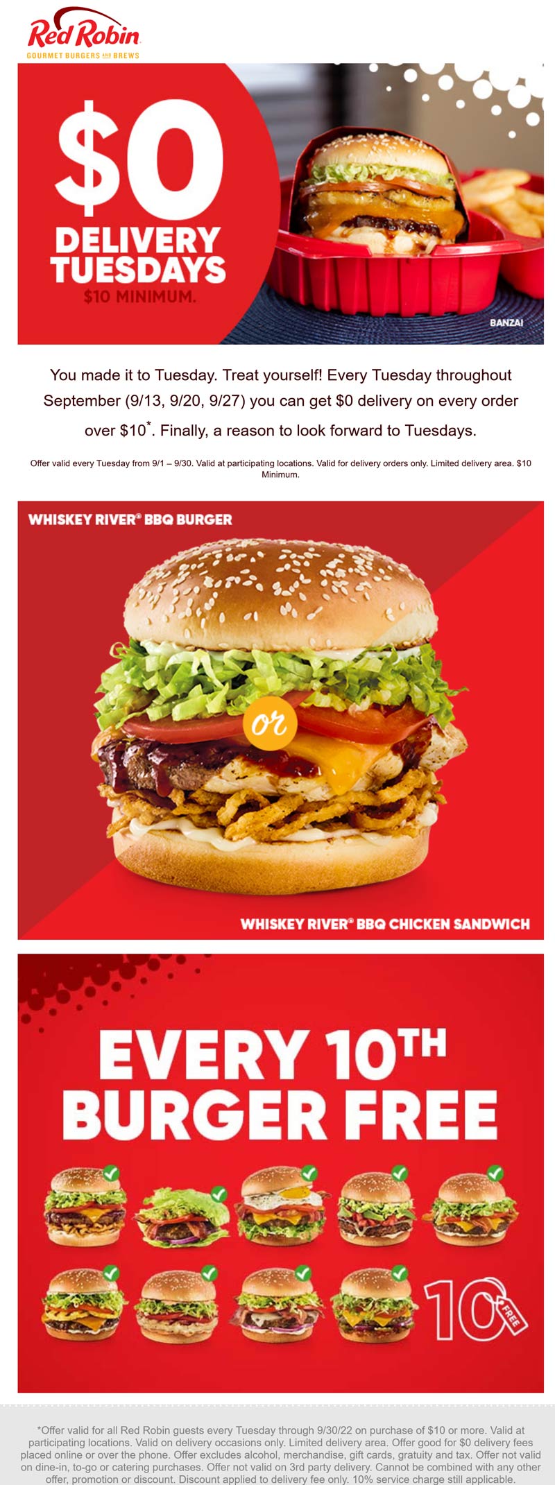 Red Robin restaurants Coupon  $0 delivery on $10+ Tuesdays all month at Red Robin restaurants #redrobin 