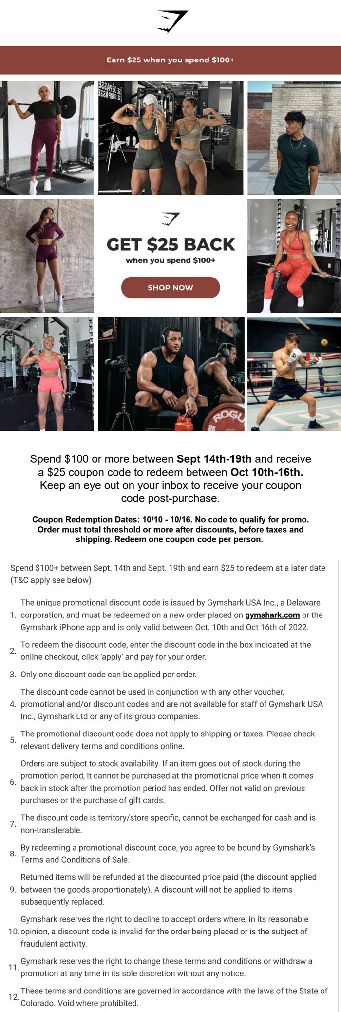 Gymshark stores Coupon  $25 future coupon on $100 spent at Gymshark #gymshark 