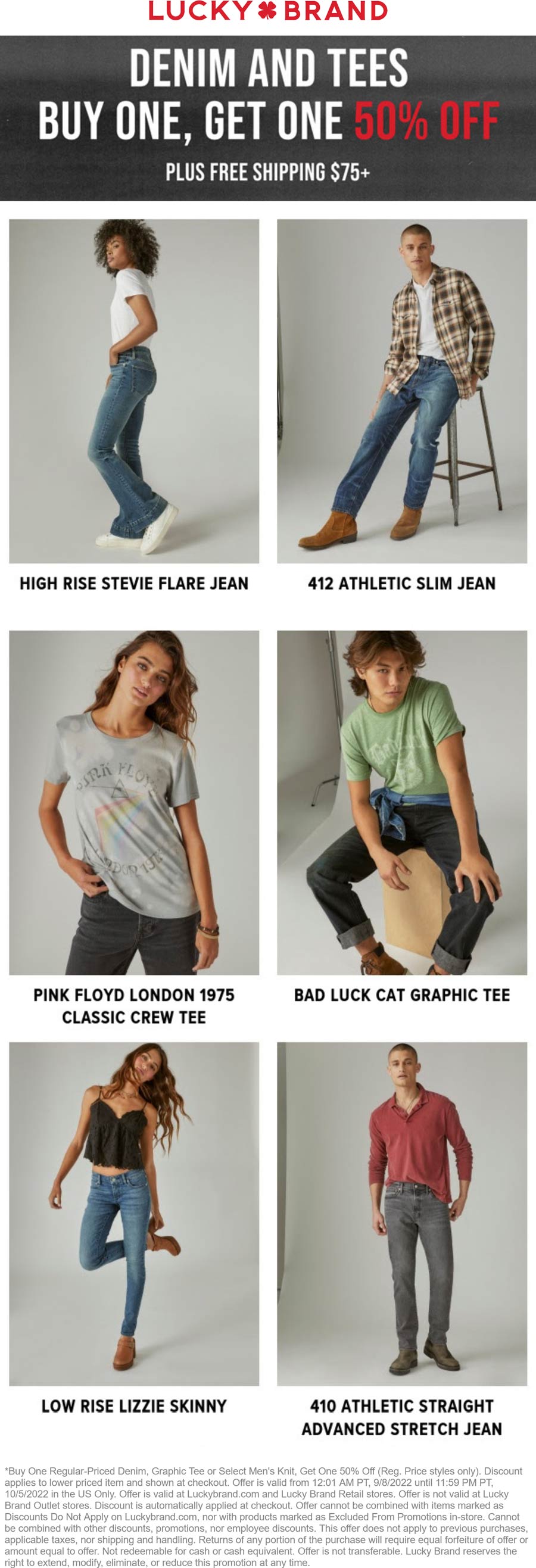 Lucky Brand stores Coupon  Second jeans or t-shirt 50% off at Lucky Brand, ditto online #luckybrand 
