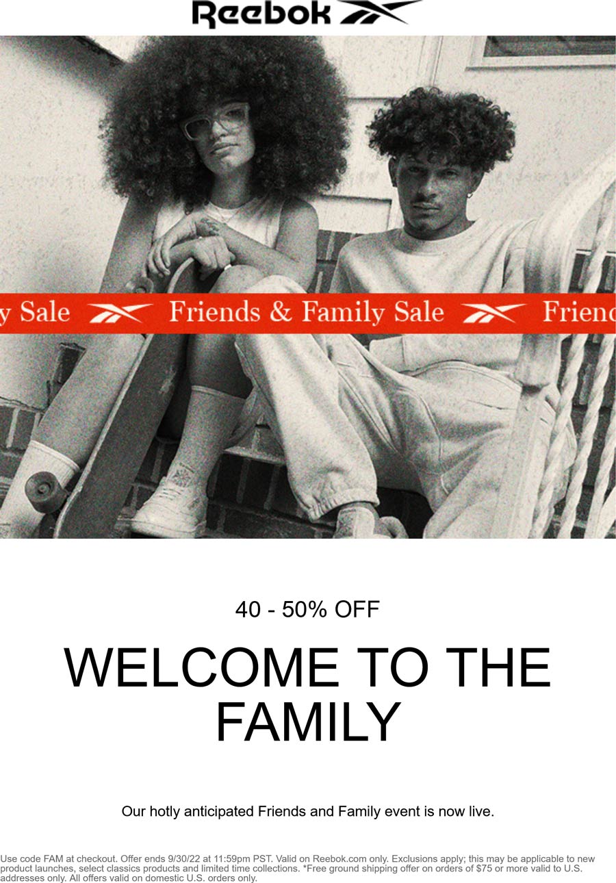 Reebok stores Coupon  40-50% off online at Reebok via promo code FAM #reebok 
