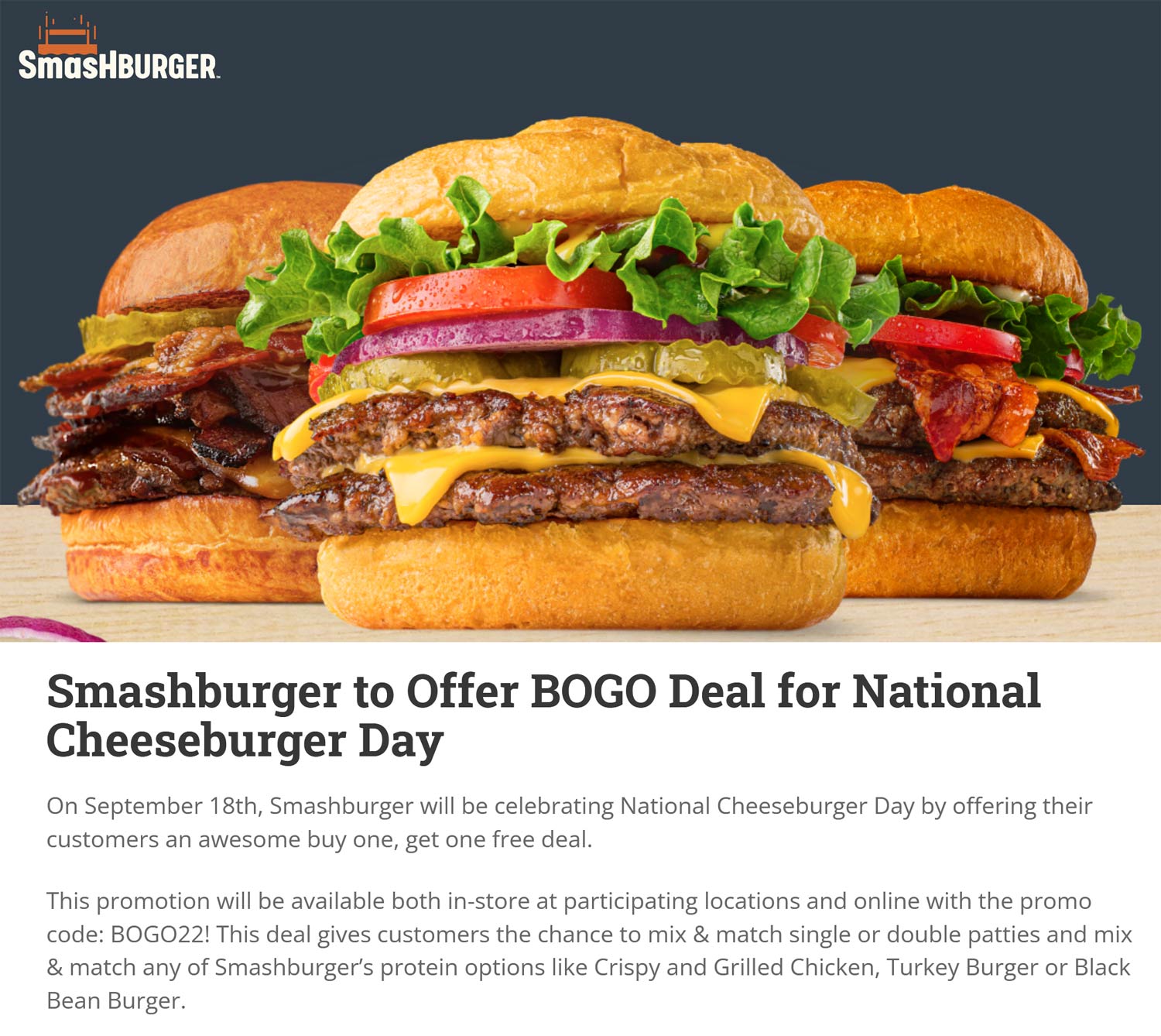 Smashburger restaurants Coupon  Second cheeseburger free Sunday at Smashburger via promo code BOGO22 #smashburger 