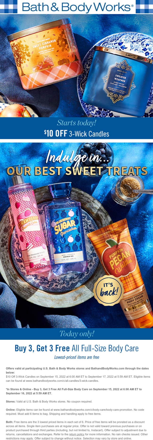 Bath & Body Works stores Coupon  6-for-3 on body care & more today at Bath & Body Works, ditto online #bathbodyworks 