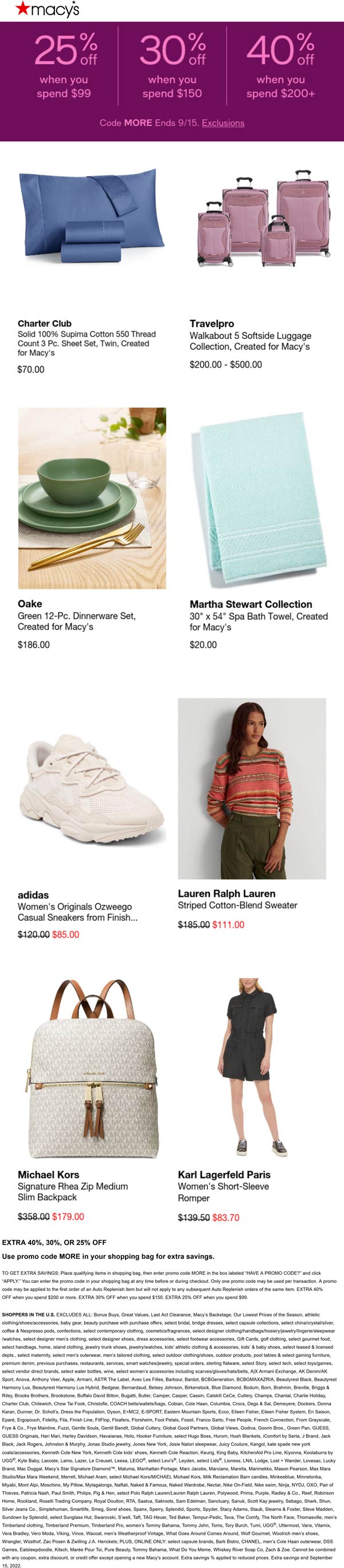 Macys stores Coupon  25-40% off $99+ online today at Macys via promo code MORE #macys 